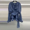 French style blue pleated long sleeve blouse with ruffled hem and tie-waist detail - S / Dresses / Navy Blue
