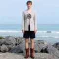 Chic light gray blazer featuring a large 3D flower applique and V-neckline for a modern art style - S / Tops / Gray