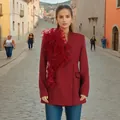 Elegant wine red V-neck blazer featuring a cascading ruffle trim detail for women - XL / Tops / Angola Red