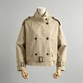Classic British style khaki short trench coat with adjustable waist belt for women - S / Tops / Khaki
