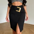 Elegant black pencil skirt with large gold buckle and front slit detail - S / Bottoms / Black