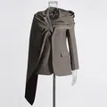 Unique shawl-style women's blazer with draped asymmetric detail in taupe brown color. - S / Tops / Brown