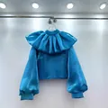Shiny cyan long-sleeved blouse with oversized ruffled collar and puff sleeves - One Size / Tops / Blue