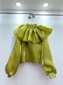 Elegant olive green short organza blouse with dramatic ruffle collar and puff sleeves - One Size / Tops / Olive Green
