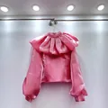 Elegant pink ruffled collar long sleeve satin blouse for women chic short style design - One Size / Tops / Pink