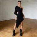 Elegant black one-shoulder mini dress with lace cutout details and asymmetrical hemline. - S / Black