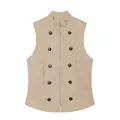 Macro view of vintage beige vest featuring decorative buttons and stand collar - S / Tops / Khaki