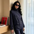 Elegant navy blue British style retro short trench coat and matching trousers set for women - S / Tops / Navy Blue