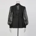 Front view of elegant vintage black blouse with beaded stripes and lantern sleeves - L / Tops / Black
