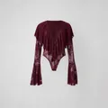 Elegante body in pizzo bordeaux con scollo a V a balze e maniche a campana - Taglia S / Top / Borgogna