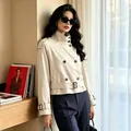 Elegant British style retro beige short trench coat for women 2026 autumn fashion jacket - Off White