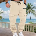 Men's stylish beige fleece cargo jogger pants with functional multi-pockets design - S / Bottoms / Apricot