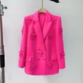 Elegante blazer rosa acceso stile francese con fiori 3D e vestibilità comoda - XL / Top / Rosa