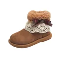 Cozy brown girl's boots with lace trim, red plaid bow, and warm plush lining - Size 23 (Inner Length 14.7cm) / Camel