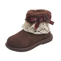 Girl's brown faux suede ankle boots with delicate lace trim and red plaid bow detail - Size 23 (Inner Length 14.7cm) / Coffee