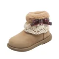 Elegant beige winter boots for girls featuring delicate lace trim and a plaid bow decoration - Size 23 (Inner Length 14.7cm) / Apricot