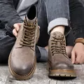 High-quality men's retro brown leather Martin boots featuring durable thick rubber soles - 38 / Khaki