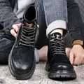 Professional men's black leather retro Martin boots featuring a durable non-slip lug sole - 38 / Black
