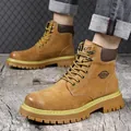 Classic men's tan leather Martin work boots with durable non-slip sole and laces - 38 / Yellow