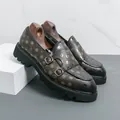 Mocassins élégants style britannique pour hommes à double boucle et pois - 38 / Style Semelle Epaisse Texture à Pois / Vert Foncé