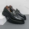 Mocassins en cuir texturé noir de style britannique avec semelle plateforme - 38 / Style Semelle Epaisse Texture Tissée / Noir (3382)