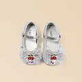 Sparkly silver Mary Jane princess shoes for girls with elegant tulle bow and cherry charm - 24 (Inner Length 15.5cm) / Silver