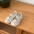 Close-up of girls' floral mesh sneakers with decorative flower buckles on straps - 22 / Mary Jane Sneakers (aQNS-1683) / Beige