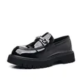Nahaufnahme schwarzer Lackleder-Loafer mit dicker Profilsohle und Metallschnalle. - 38 / Schwarz Lackleder-Optik