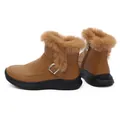 Detail view of brown winter snow boots for women with faux fur trim and side zipper - 36 / Brown