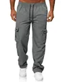Detailed view of men's grey cargo pants featuring elastic waist and flap pockets - XS / Bottoms / Gray