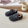 Cozy retro kids charcoal wool felt clogs with warm faux fur lining and buckle strap - Size 23: 14.8cm / Gray