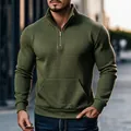 Olivgrünes Herren-Waffelstrick-Sweatshirt mit Viertelreißverschluss und Stehkragen - S / Oberteile / Armeegrün