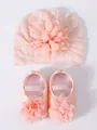 Set of pink baby lace turban hat with flower and matching soft princess shoes. - 25-99 Shoes & Hat Set - Ivory / Size 11 (Inner Length 10.5cm)