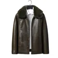 Men's brown winter faux leather jacket with a luxury green faux fur collar for wind protection - M / Top (572) / Brown