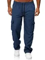Detailed view of navy blue cargo pants with elastic drawstring waist and side pockets. - XS / Navy Blue