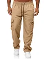 Detailed view of men's loose khaki cargo pants with elastic waist and side pockets - XS / Khaki