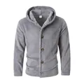 Detailed view of men's grey warm coral velvet hooded jacket with four brown buttons - S / Tops / Gray