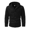 Macro view of black coral fleece hooded jacket showing warm fuzzy texture and buttons - S / Tops / Black