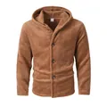 Warm men's coral fleece hooded jacket with four-button closure in brown - S / Tops / Camel