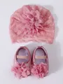 Newborn baby pink lace hat and matching flower princess shoes set for 0-1 year olds - Size 11 (Inner Length 10.5CM) / Hat and Shoes Set / Dusty Pink