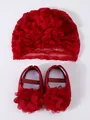Infant red lace turban hat and matching 3D flower shoes set for 0-1 year old baby. - 25-99 Shoes & Hat Set - Wine Red / Size 11 (Inner Length 10.5cm)