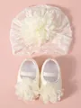 White lace flower baby hat and matching satin princess shoes set for newborns and infants - Size 11 (Inner Length 10.5CM) / Hat and Shoes Set / Beige