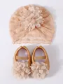 Adorable infant baby girl lace turban hat and matching flower shoes set in champagne pink - Size 11 (Inner Length 10.5CM) / Hat and Shoes Set / Khaki