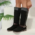 Detail of women's mid-calf black boots with gray knitted cuffs and side buckles - 36 / Black
