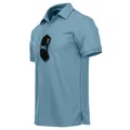 Macro detail view of blue quick-dry business polo shirt with sunglasses hanging on the placket - S / Tops / Light Blue