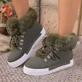Close-up detail of olive green snow boots with thick faux fur trim and white sole - 36 / Army Green