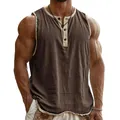 Detailed view of men's Henley sleeveless tank top with contrast piping and button placket - Dark Brown