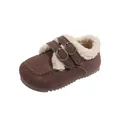 Classic dark brown kids' fleece-lined winter shoes with decorative bronze buckles - Size 21 Inner Length 13.5CM / Coffee