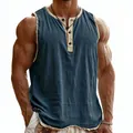 Detailed view of men's blue-grey Henley tank top with contrast trim and textured fabric - Dark Blue