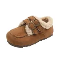 Cozy brown suede fur-lined winter shoes for kids with double buckle detail - Size 21 Inner Length 13.5CM / Camel